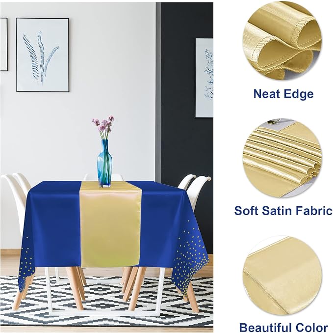 24Pack Disposable Plastic Tablecloths and Satin Table Runner Set Blue and Gold - Image 3