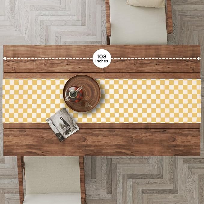 Folkulture Fall Table Runner 90 Inches Long | Yellow Checkered | Table Runner - Image 2