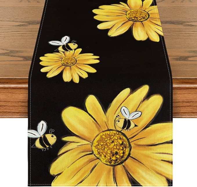 Artoid Mode Black Bee Sunflower Summer Table Runner, Seasonal Spring Flowers by ArtoidMode