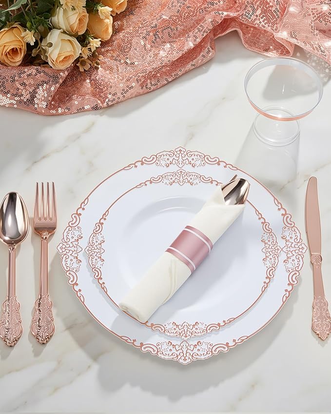 350 Piece Rose Gold Plastic Dinnerware Set - Image 3