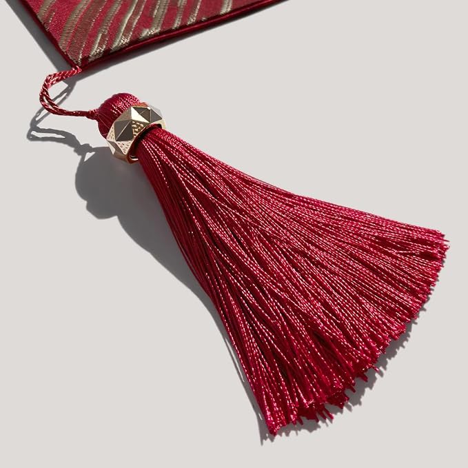 Luxury Red Faux Silk Table Runner, Modern Geometric Lines, Tassel | Table - Image 3