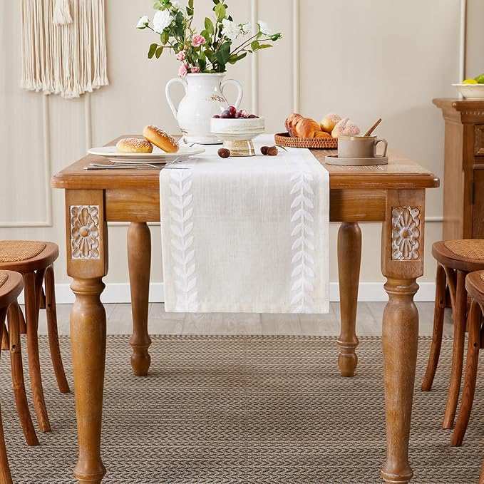 Linen Embroidered Table Runner, Farmhouse Irregular Willow Leaf Table Runner - Image 2