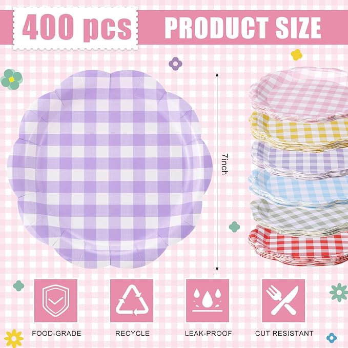 120 Pcs Gingham Paper Plates 7 Inch Pastel Party Dessert Plates, Spring Gingham - Image 3