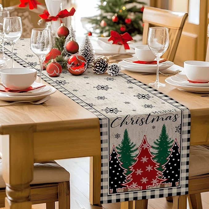 Christmas Trees Table Runner 48 Inches Long, Xmas Snowflake Retro Table Runners - Image 9