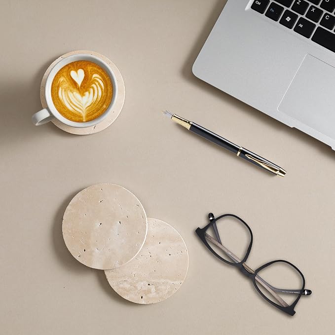 Italian Travertine Coasters Set of 6, Farmhouse Rustic Neutral Style Marble - Image 2