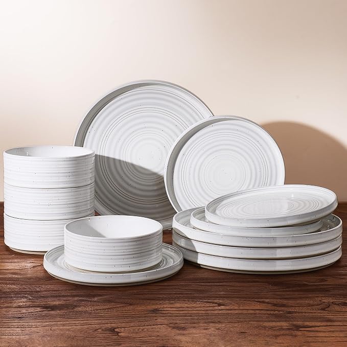 Stoneware Dinnerware Sets for 4, Reactive Glaze Plates and Bowls Set, Chip & by FamiwarePremium