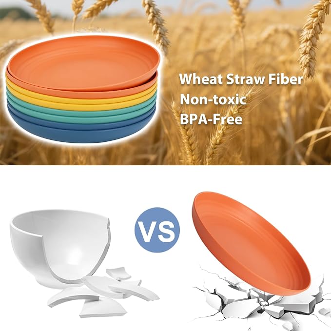 Wheat Straw Plate 9 Inch, Deep Dinner Plates Set of 8, Unbreakable Plastic - Image 3