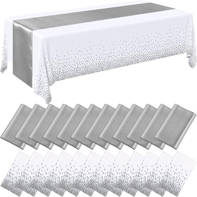 24 Packs White and Silver Disposable Plastic Tablecloths and Satin Table Runner by Breling