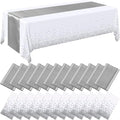24 Packs White and Silver Disposable Plastic Tablecloths and Satin Table Runner by Breling