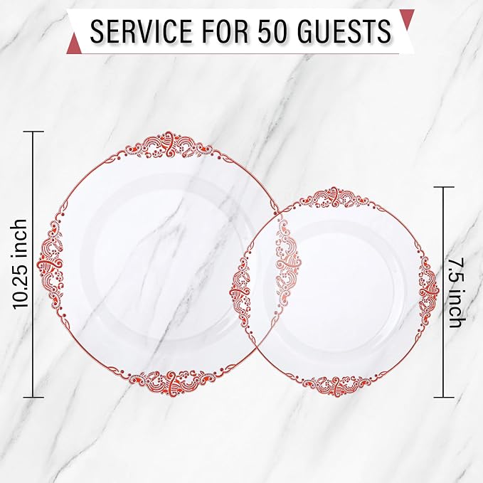 Nervure 100Pcs Clear Red Plastic Plates, Party Plates Set - Image 3