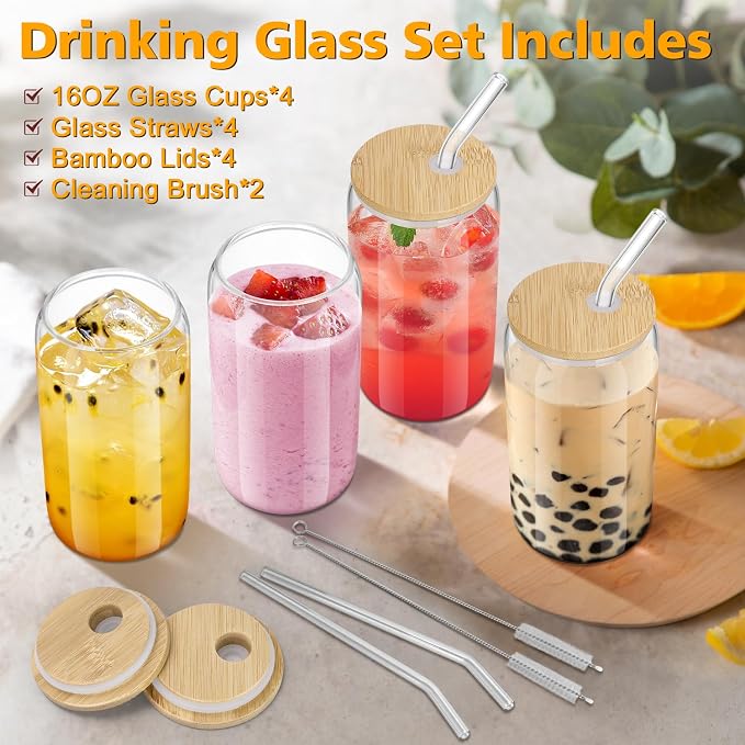 sungwoo 4PCS Glass Cups with Bamboo Lids and Straws, 16OZ Ice Coffee Cup - Image 2