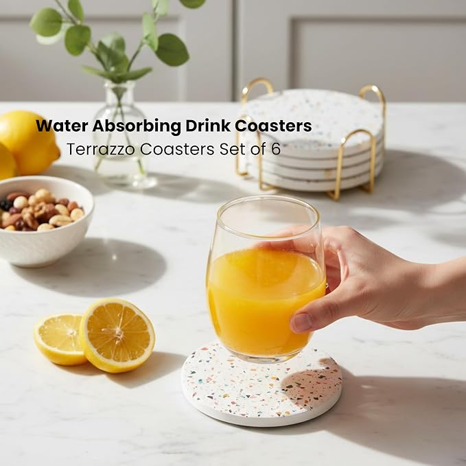 Terrazzo Coasters Set of 6, Colorful Boho Absorbent Ceramic Coasters | Speckled - Image 6