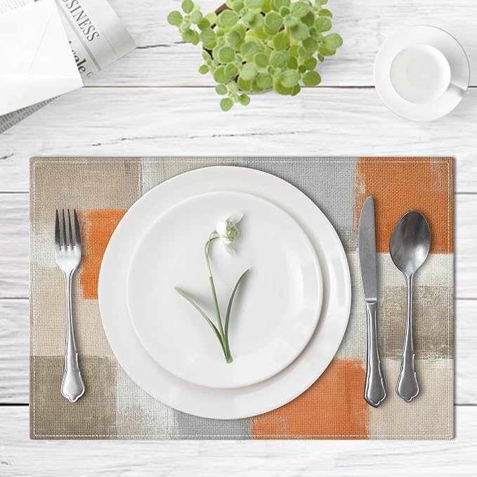 Emvency Farmhouse Placemats Set of 6, 12x18 Inch, Geometric Orange Neutral | - Image 2
