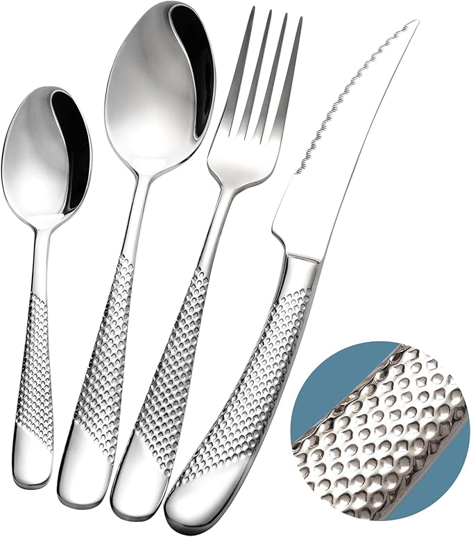 16-Piece Modern Hammered 18/10 Stainless Steel Silverware Set | Ultra Sharp by Xideman