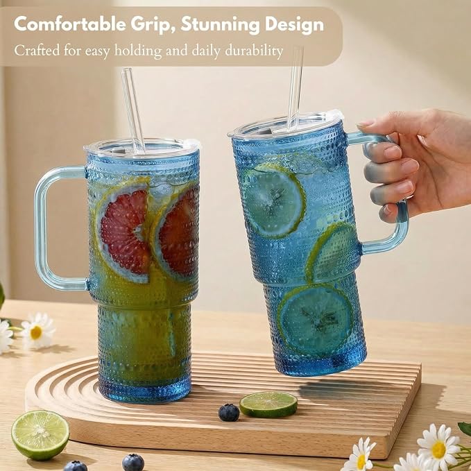 20 oz Blue Glass Tumbler with Lid and Straw, Glass Iced Coffee Cups, - Image 8