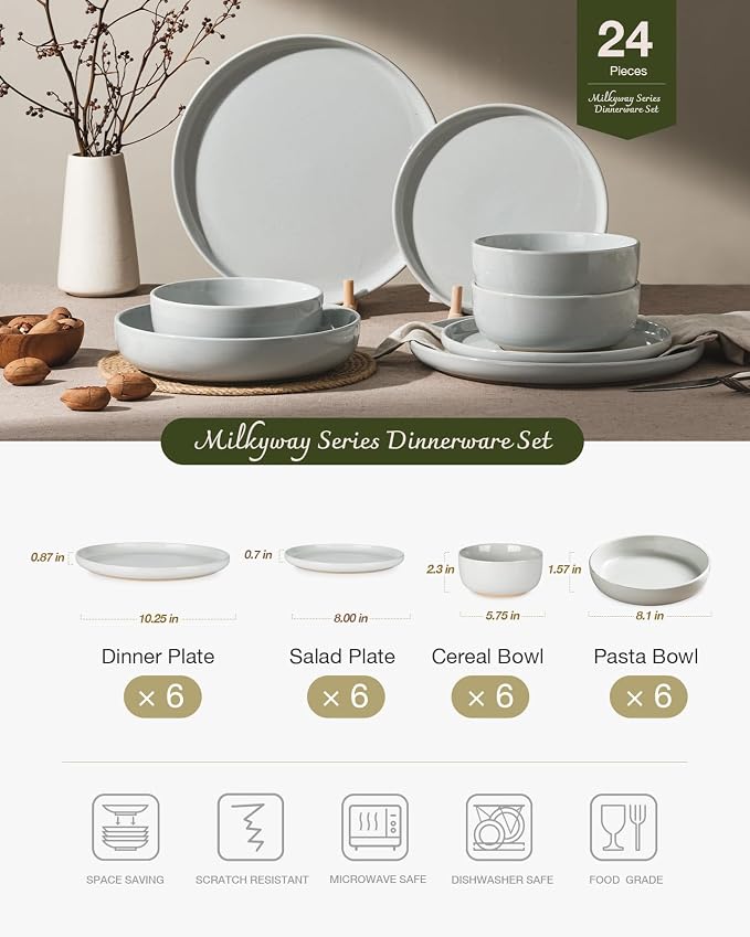 Famiware Milkyway 24-Piece Stoneware Plates and Bowls, Light Gray | Dinnerware - Image 2