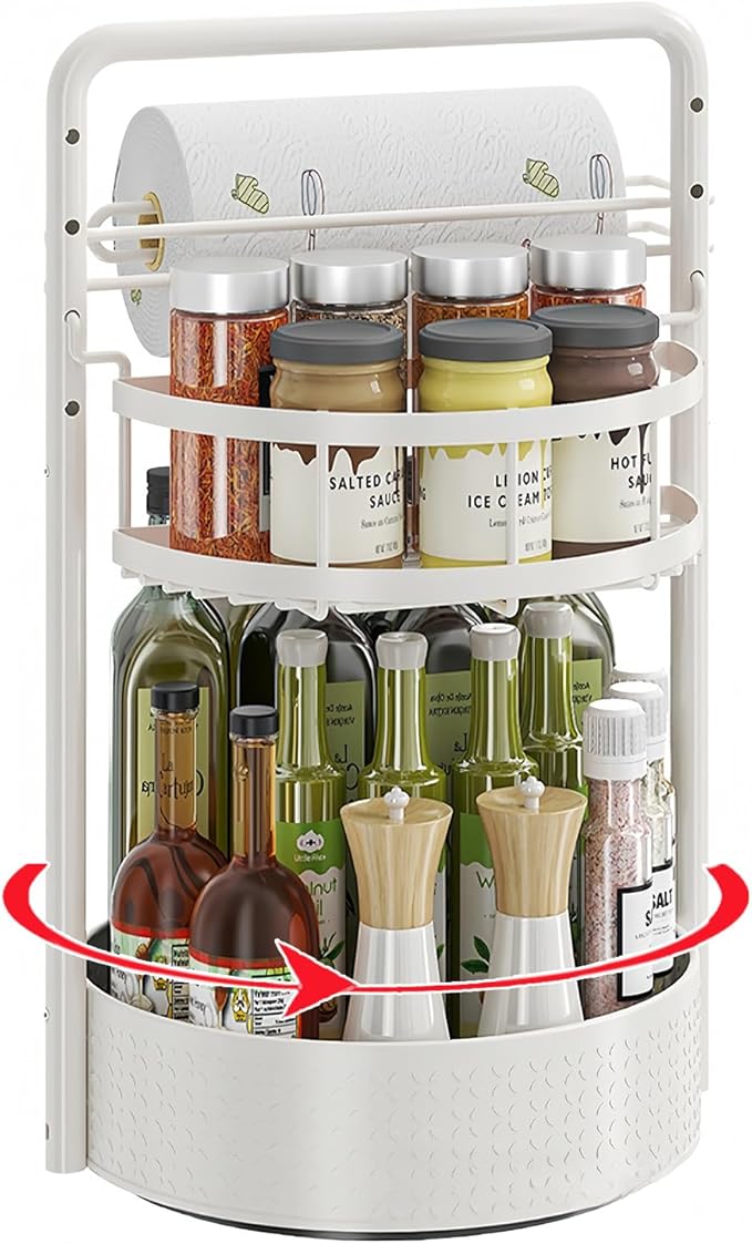 Rotating Spice Rack with Paper Towel Holder, Durable Iron, Seasoning Organizer by CLOKTA