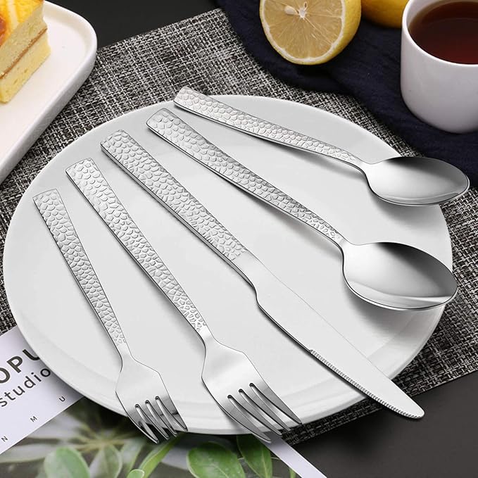 E-far 60-Piece Silverware Set, Hammered Stainless Steel Square Flatware Cutlery - Image 5