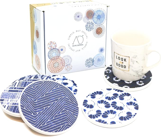 AD Set of 6 Coasters for Drinks Absorbing Round Ceramic Stone Coaster - Image 2