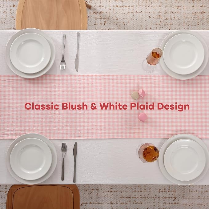 Peachy Blush White Plaid Gingham Ruffle Table Runner 90 inches Long 100% Washed - Image 4