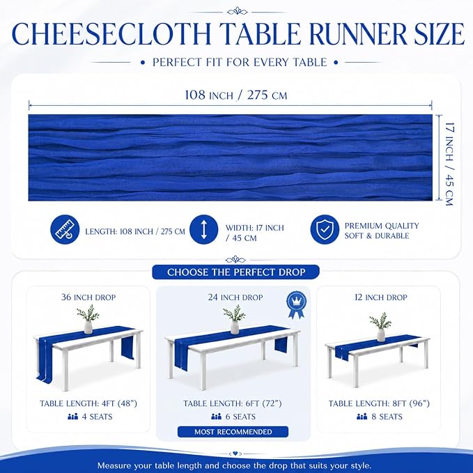 2 Pack Royal Blue Cheesecloth Table Runner 17x108 Inch Boho Rustic Semi Sheer - Image 3