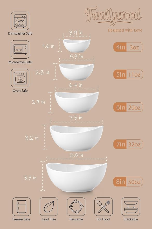 Porcelain Serving Bowls set for Entertaining, 3-11-20-32-50 Ounce, Scratch - Image 2