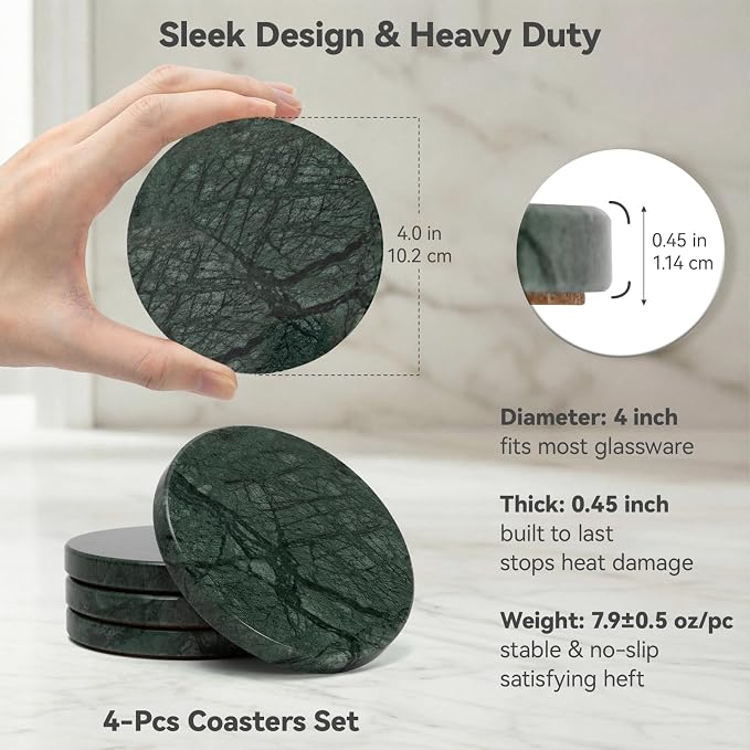 Dark Green Marble Coasters Set of 4, Modern Luxury Drink Coaster - Image 4