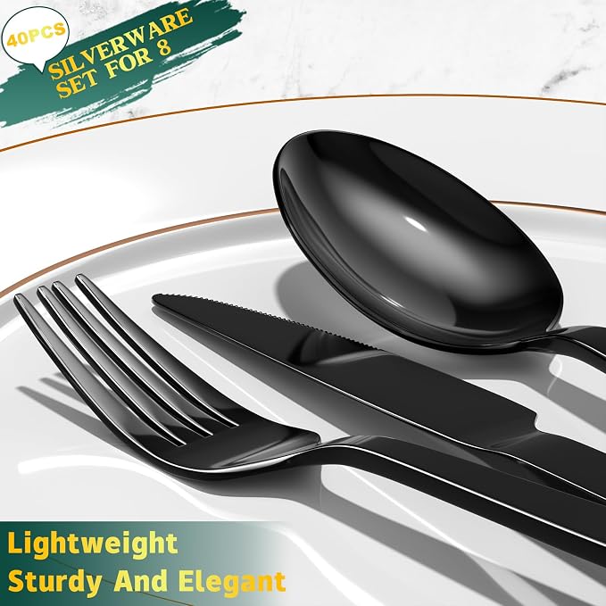 Yoehka 40 Pieces Black Silverware Set, Stainless Steel Flatware Set - Image 2