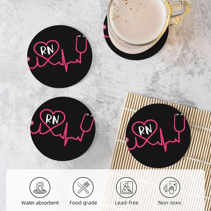 Nurse Rn Stethoscope Coasters Set of 4, Absorbent Ceramic Drink Coasters Cup Mat - Image 5