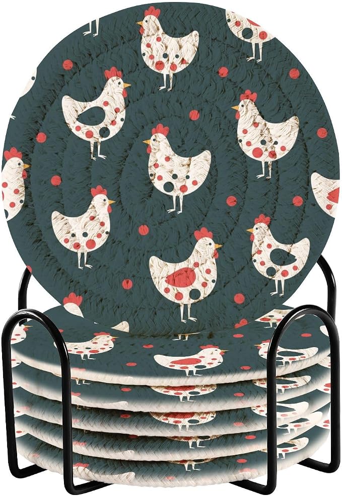 Chickens Dots Black Print Coasters by Unknown