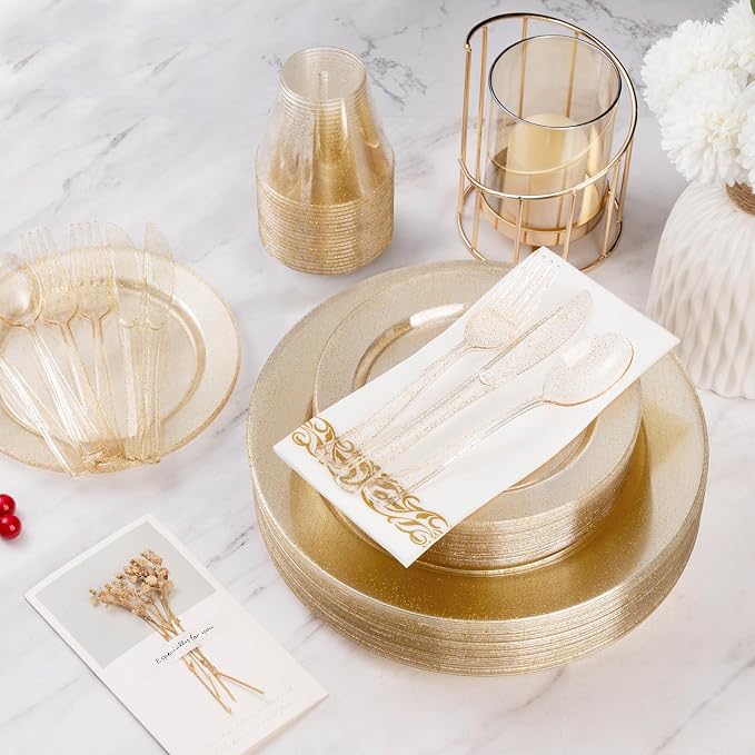 350 Pieces Gold Glitter Disposable Dinnerware Set - Image 5