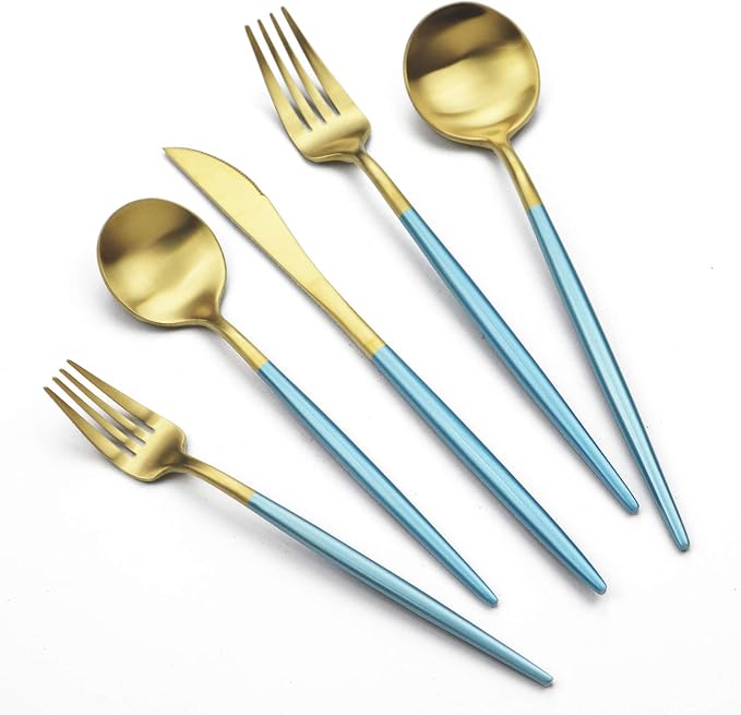 JASHII Luxury 18/10 Blue Handle Flatware Gold Silverware Set 304 Stainless by JASHII