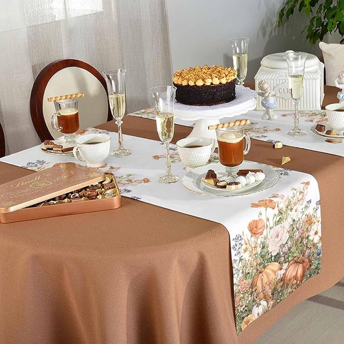 Fall Windflowers Pumpkin Table Runners 90 Inches Long, Cotton Linen Fabric - Image 5