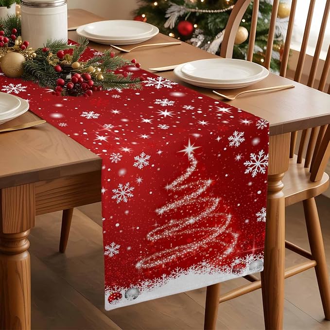 Red Christmas Table Runner 36 Inches Long, Xmas Tree Balls Snowflake Table - Image 3