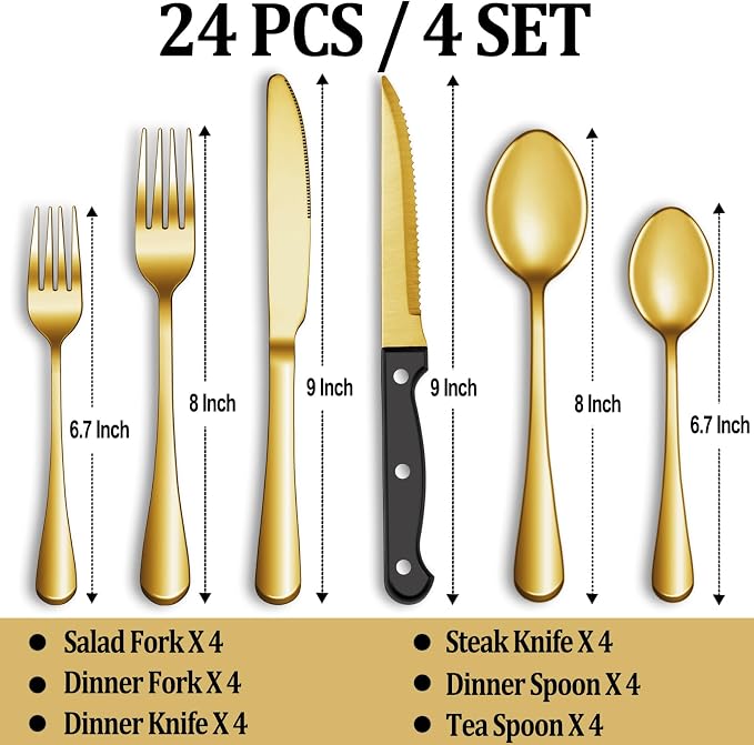24 Pcs Gold Silverware Set - Image 2