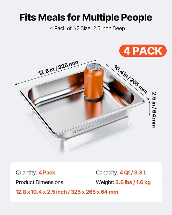VEVOR 4 Pack Stainless Steam Hotel Pan, 1/2 Size Table Steam Pan, 2.5 Inch Deep - Image 3