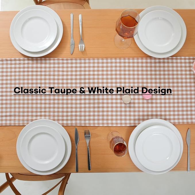 Taupe White Plaid Gingham Ruffle Table Runner 90 inches Long 100% Washed Cotton - Image 4
