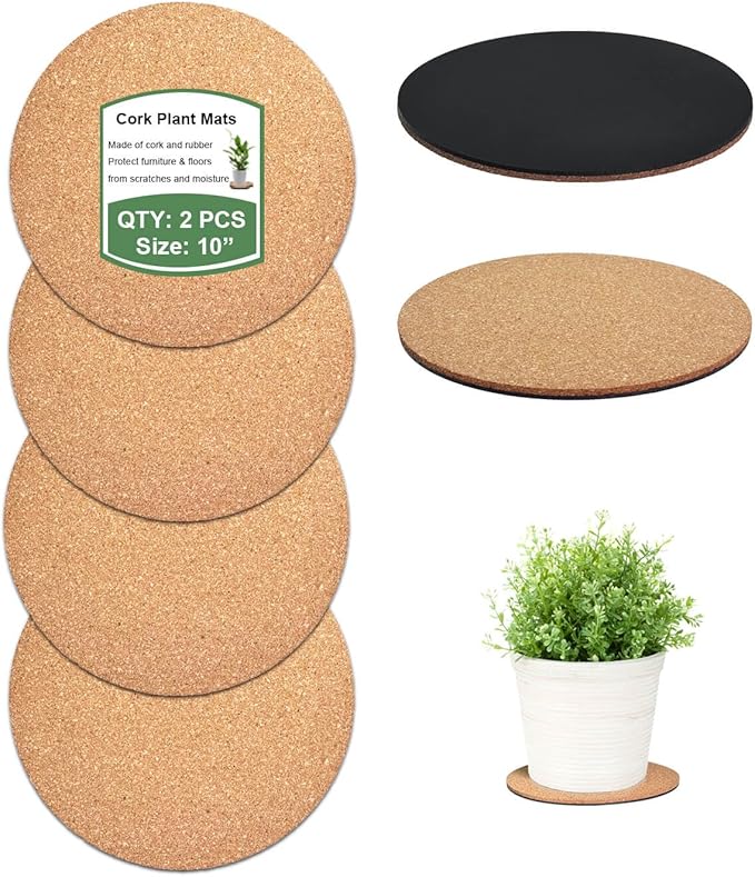 10 Inch Cork Plant Coasters, 2 Pack Round Plant Mats by vensovo