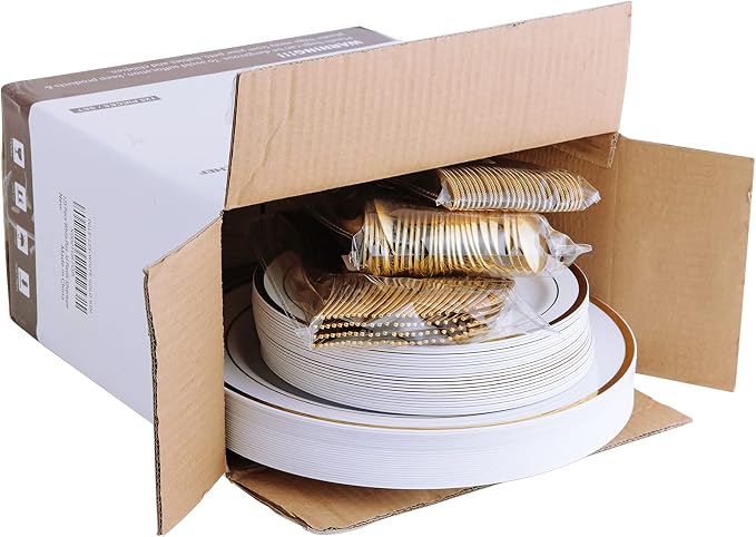 25 Guests Plastic Plates Set Gold Disposable Dinnerware Set | Include 25 Pc 10" - Image 7