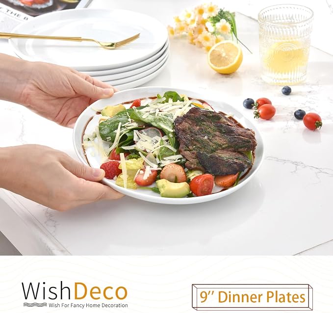 White Dinner Plates Set of 6, Porcelain Salad Plates 9 Inch, Modern Kitchen - Image 2