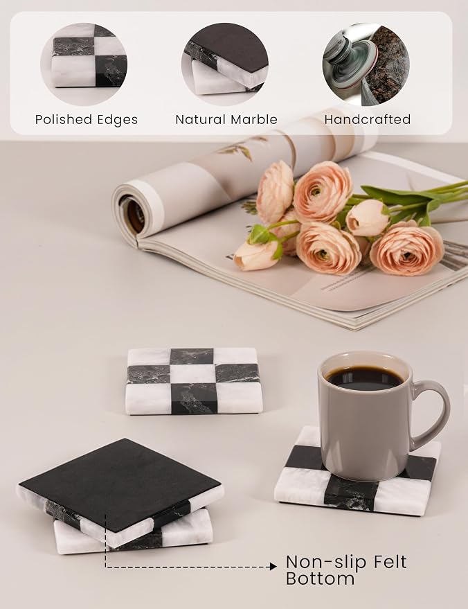 Marble Coasters Set of 4, Zebra Black & White Handmade 4 inch Square Checkered - Image 4