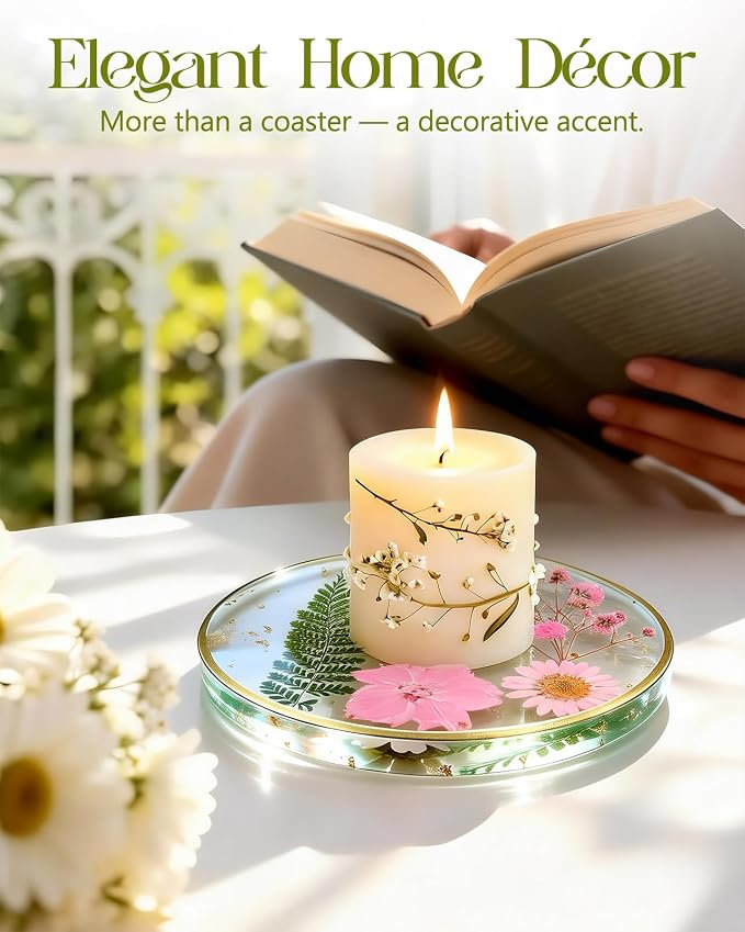 Oqplog Resin Drink Coasters for Desk Coffee Table-Pink&White Dried Flowers - Image 5