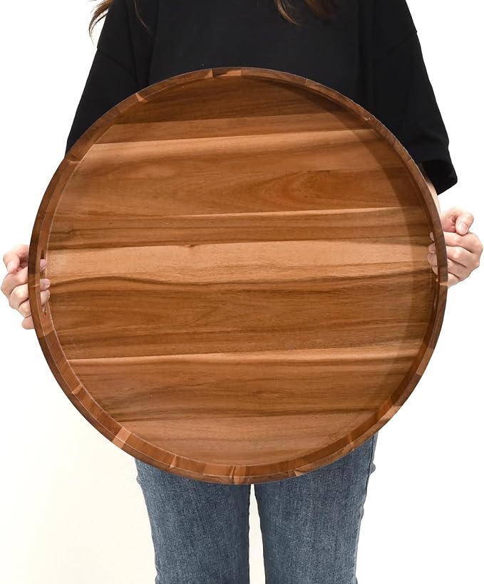 20 Inch Extra Large Round Serving Tray HeavyDuty Acacia Wood Tray by SwallowLiving
