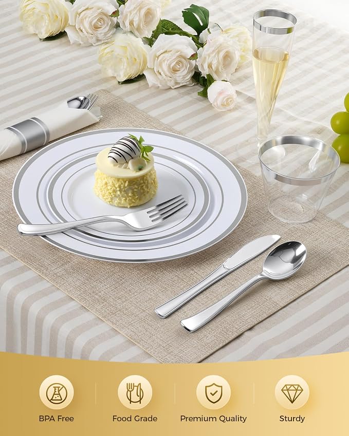 200 PCS Silver Dinnerware Set, Party Plastic Plates - Image 4