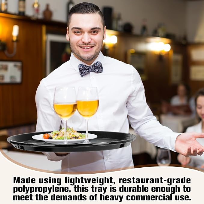 Zopeal 4 Pieces 16" Black Round Restaurant Serving Tray, Plastic Non Slip - Image 6