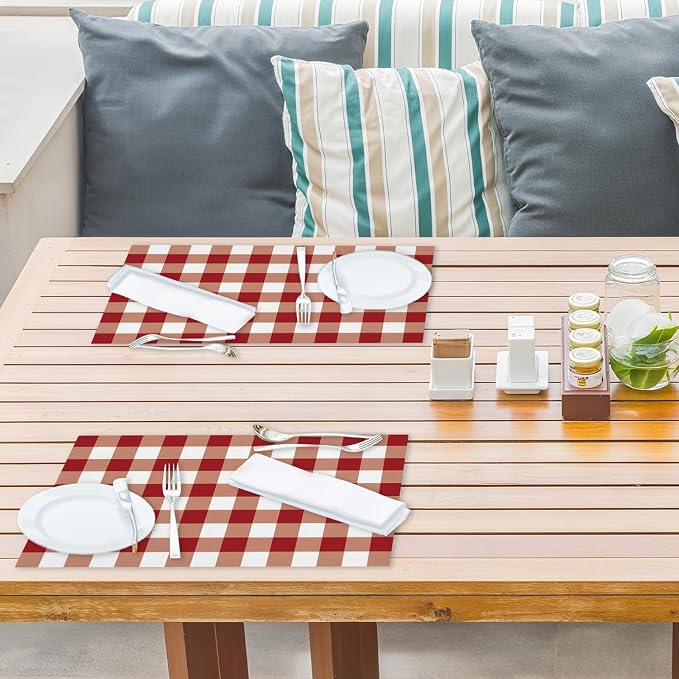 Red and White Check Plaid Placemats Set of 4, Washable Heat Resistant Placemats - Image 4