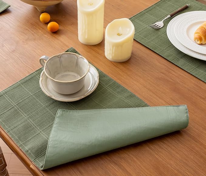 Linen Checked Placemats Set of 6, Sage Green Place Mats 12x18 Inch | Raised - Image 6