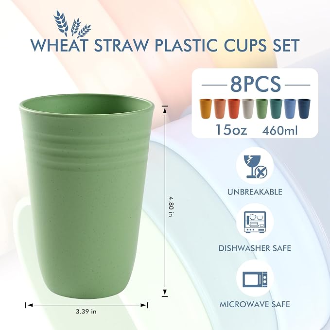 HOTEC 8-Pack 15oz Plastic Cups, BPA-Free Reusable Drinking Cup set, Unbreakable - Image 2