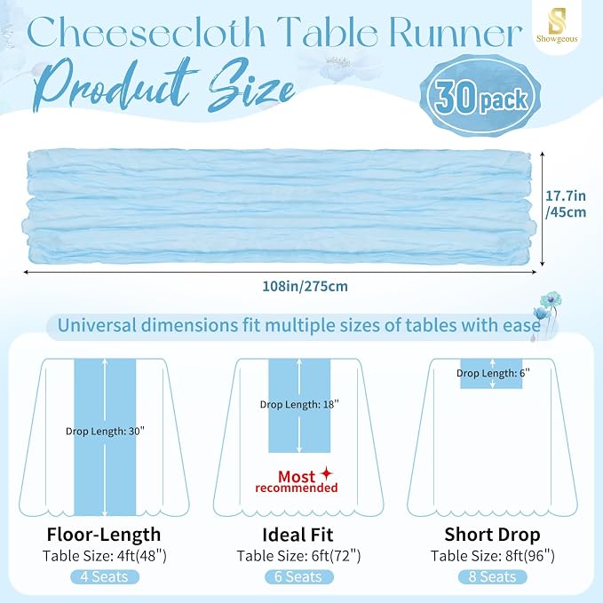 Showgeous 30 Pack Baby Blue Cheesecloth Table Runner, 17 x 108 Inches | Boho - Image 2