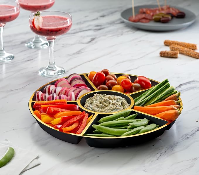 Plasticpro 6 Sectional Round Plastic Serving Tray/Platters Black & Gold Pack of - Image 3